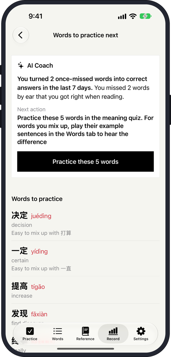 Your week, by AI Coach: words to practice next